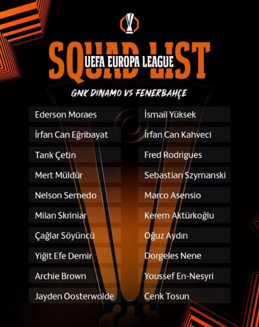 Fenerbahce, Dynamo Zagreb Match Camp Squad ilan edildi! Hırvatistan'a 3 yıldız alınmaz 3